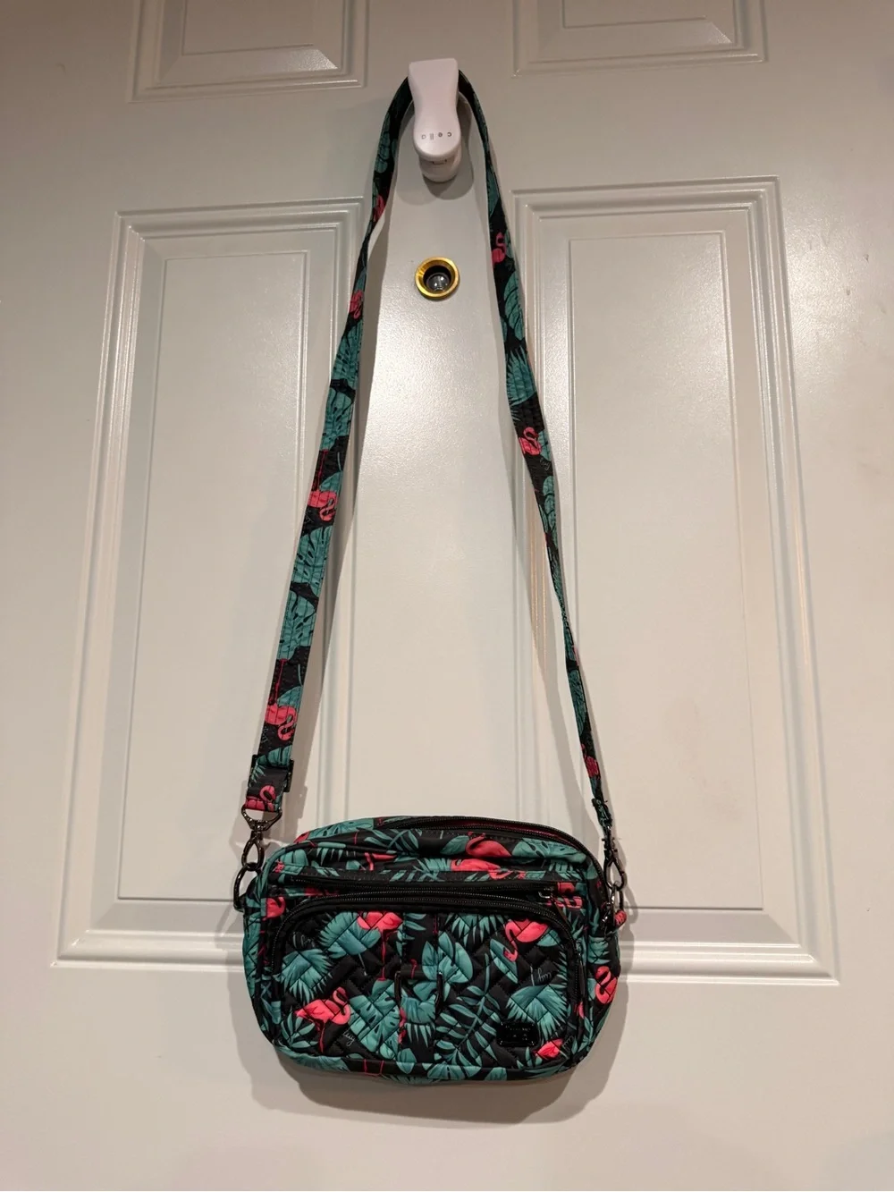 LUG Quilted Flamingo Print Crossbody Bag - Black/Teal/Pink